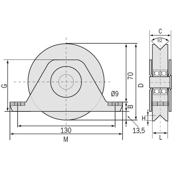 COMMUNELLO - Roue à support intérieur à gorge triangulaire 336 V diamètre 120 mm - 2 roulements pour roues à roulements à billes - large