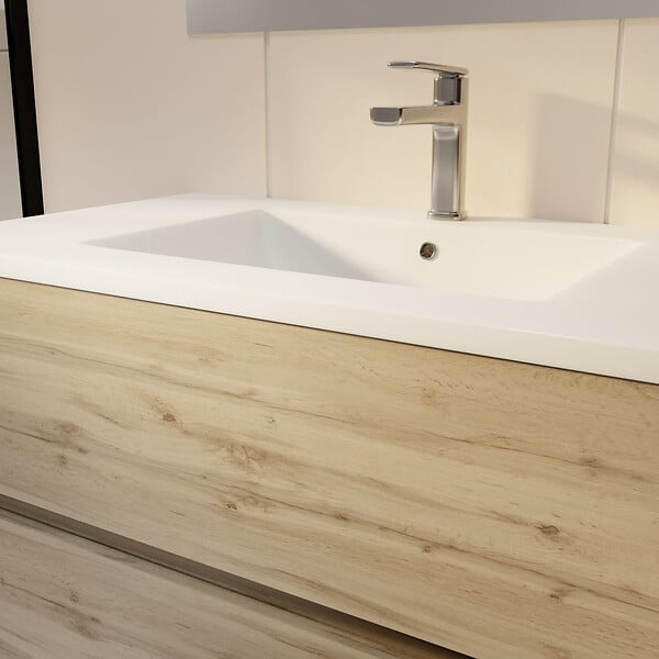 AURLANE - Pack Meuble SDB 80cm sur pieds 3 tiroirs Chene_Vasque blanche + Miroir Led - TIMBER 80_Pack46 - large
