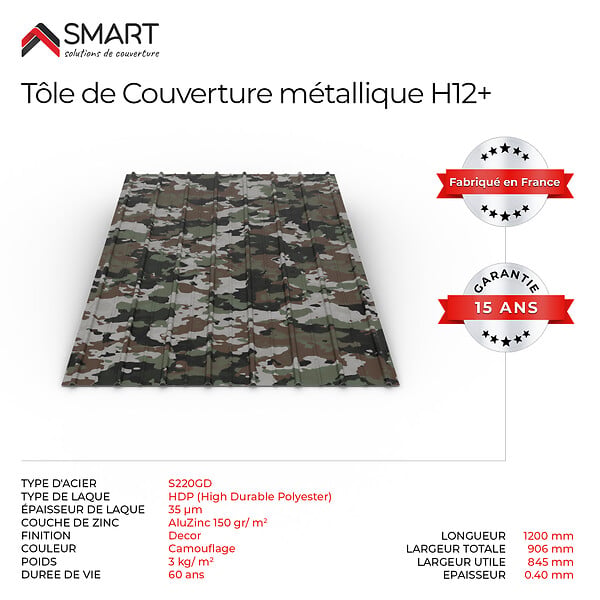 BRAVO THE SMART SOLUTION - Tôle bac acier - Toiture - Couverture - plaque H12+ Coloris Camouflage Printech Dimensions 1200x906x0.40 mm - large
