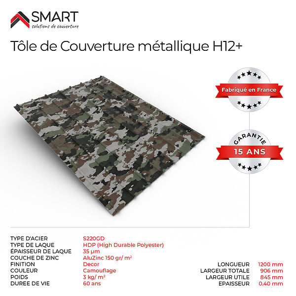 BRAVO THE SMART SOLUTION - Tôle bac acier - Toiture - Couverture - plaque H12+ Coloris Camouflage Printech Dimensions 1200x906x0.40 mm - large