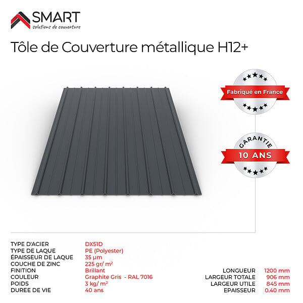 BRAVO THE SMART SOLUTION - Tôle bac acier - Toiture - Couverture - plaque H12+ Coloris Gris Anthracite RAL 7016 Dimensions 1200x906x0.40 mm - large