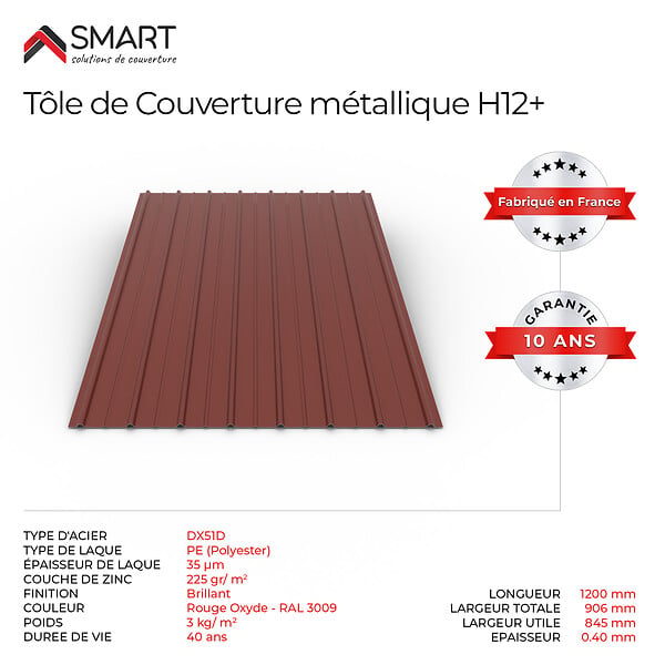 BRAVO THE SMART SOLUTION - Tôle bac acier - Toiture - Couverture - plaque H12+ Coloris Rouge Oxyde RAL 3009  Dimensions 1200x906x0.40 mm - large