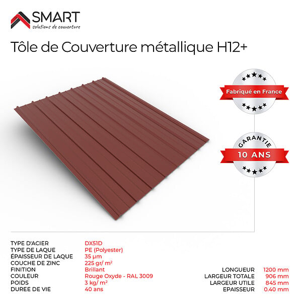 BRAVO THE SMART SOLUTION - Tôle bac acier - Toiture - Couverture - plaque H12+ Coloris Rouge Oxyde RAL 3009  Dimensions 1200x906x0.40 mm - large