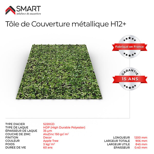 BRAVO THE SMART SOLUTION - Tôle bac acier - Toiture - Couverture - plaque H12+ Coloris Apple Tree Dimensions 1200x906x0.40 mm - large