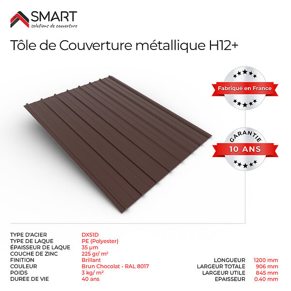 BRAVO THE SMART SOLUTION - Tôle bac acier - Toiture - Couverture - plaque H12+ Coloris Brun Chocolat RALl 8017  Dimensions 1200x906x0.40mm - large
