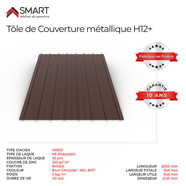 BRAVO THE SMART SOLUTION - Tôle bac acier - Toiture - Couverture - plaque H12+ Coloris Brun Chocolat RAL 8017  Dimensions 2000x906x0.40 mm - large