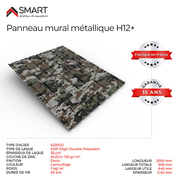 BRAVO THE SMART SOLUTION - Tôle bac acier - Bardage - panneau mural H12+ Coloris Camouflage Dimensions 2000x906x0.40mm - large