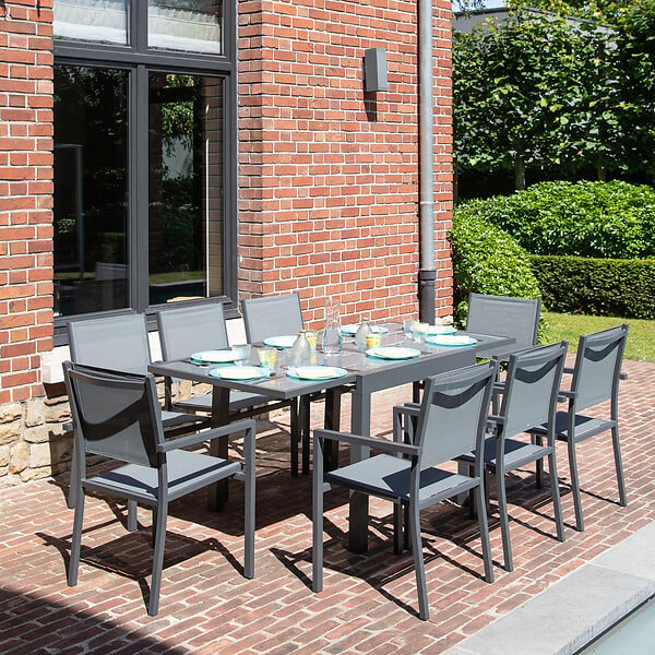 HAPPY GARDEN - Salon de jardin LAMPEDUSA extensible en textilène gris 8 places - aluminium anthracite - large