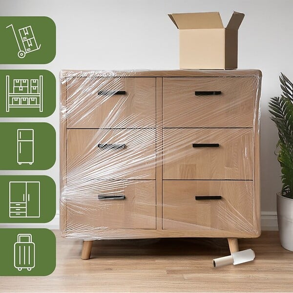 PACK AND MOVE - Pack and Move - Film Etirable - Poignée - Petit Format Emballage Transparent - 150 m - Support Palette Valise Ordinateur - Protection Meuble - large