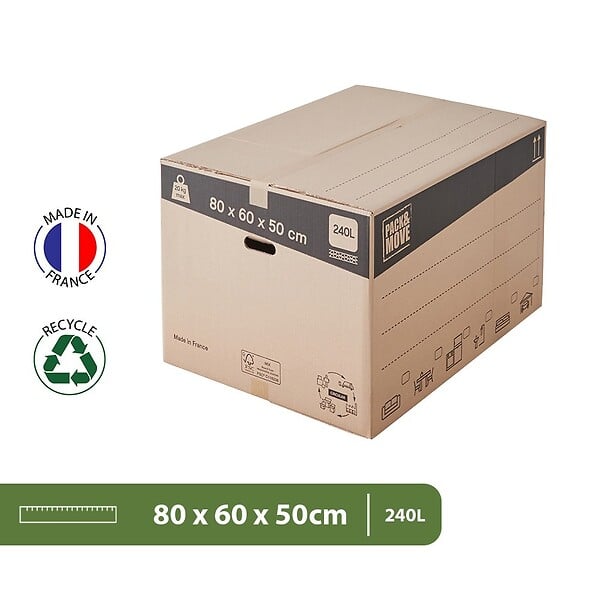 PACK AND MOVE - Pack and Move - Lot 10 cartons déménagement XXL - 80 x 60 x 50 cm - Poignées renforcées - 1 adhésif offert - large