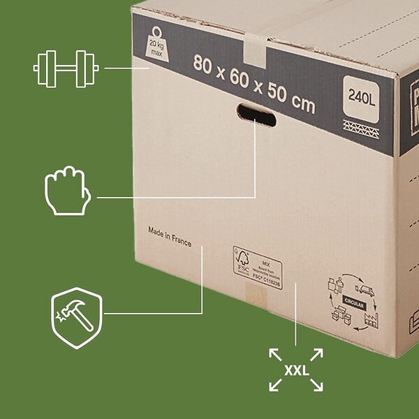 PACK AND MOVE - Pack and Move - Lot 10 cartons déménagement XXL - 80 x 60 x 50 cm - Poignées renforcées - 1 adhésif offert - large