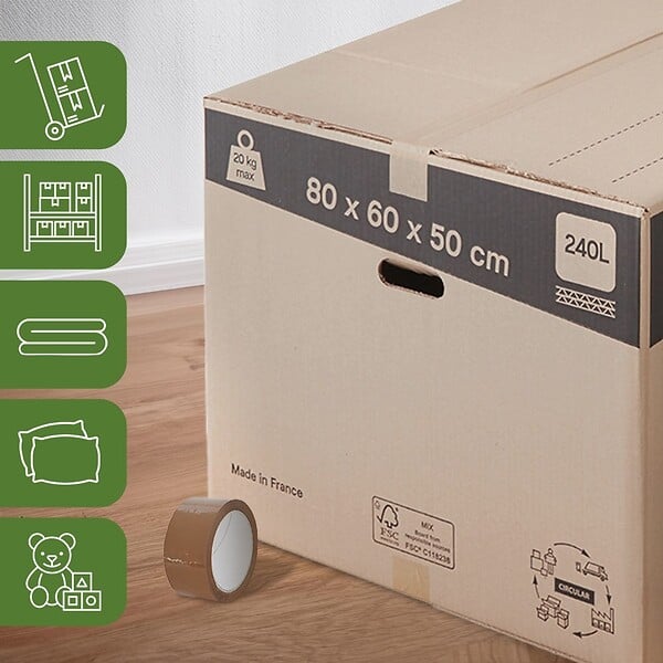 PACK AND MOVE - Pack and Move - Lot 10 cartons déménagement XXL - 80 x 60 x 50 cm - Poignées renforcées - 1 adhésif offert - large