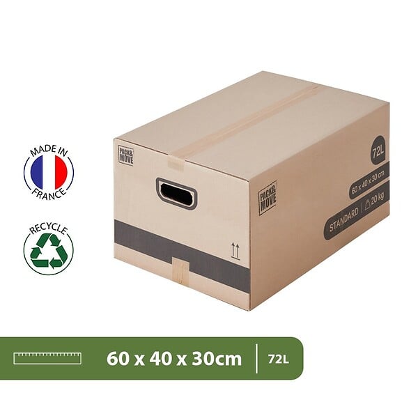 PACK AND MOVE - Pack and Move - Lot 50 Cartons Déménagement Stockage M - 60 x 40 x 30 cm - Poignées renforcées - 3 adhésifs offerts - large