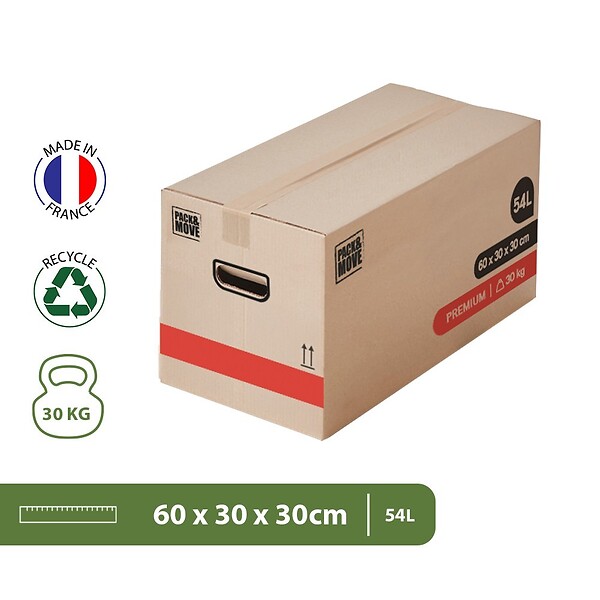 PACK AND MOVE - Pack and Move - Lot 40 Cartons Déménagement Premium - 60 X 30 X 30 - Extrême Résistance 30KG - Réutilisable - Poignées Renforcées - 2 Adhésifs Offerts - large