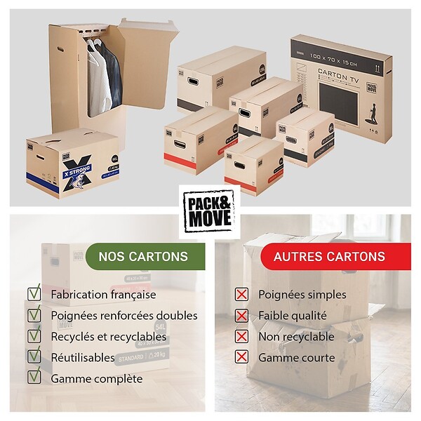 PACK AND MOVE - Pack and Move - Lot 40 Cartons Déménagement Premium - 60 X 30 X 30 - Extrême Résistance 30KG - Réutilisable - Poignées Renforcées - 2 Adhésifs Offerts - large