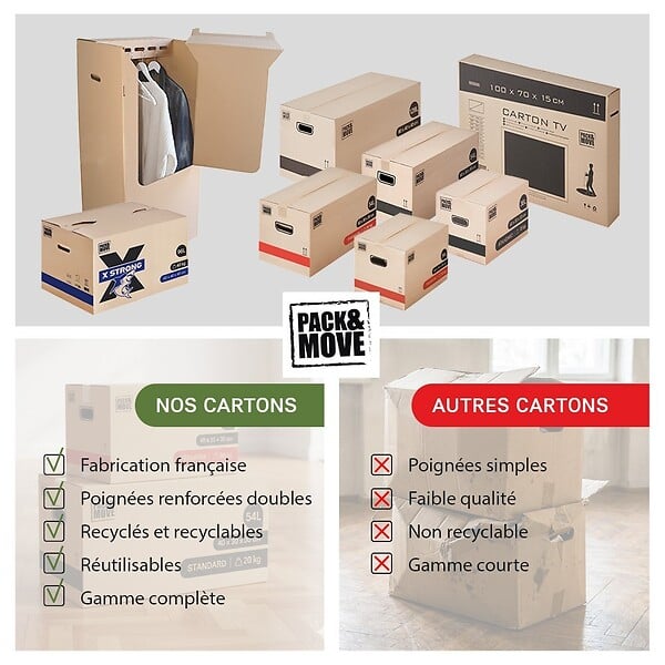 PACK AND MOVE - Pack and Move - Lot 60 cartons déménagement stockage livres - 40 x 30 x 30 cm - Poignées renforcées - 3 adhésifs offerts - large