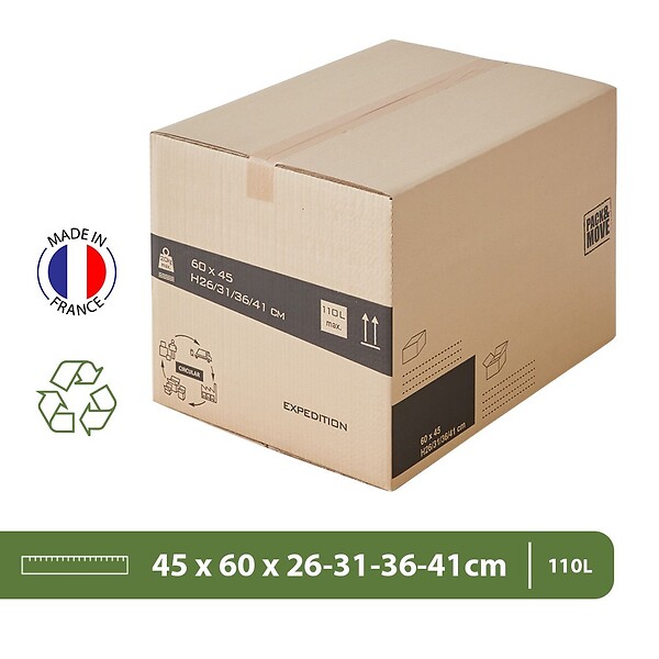 PACK AND MOVE - Pack and Move - Lot 45 cartons déménagement hauteur modubale variable, personnalisable - 60 x 45 x 31-41 cm - Poignées renforcées - 1 adhésif offert - large