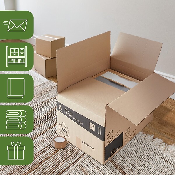 PACK AND MOVE - Pack and Move - Lot 45 cartons déménagement hauteur modubale variable, personnalisable - 60 x 45 x 31-41 cm - Poignées renforcées - 1 adhésif offert - large