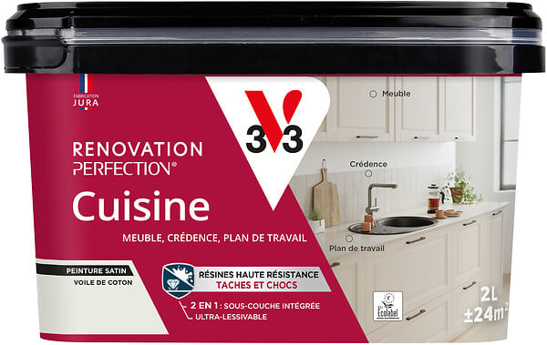 V33 PEINTURE - Peinture Rénovation Cuisine - Voile de coton - Satin - 2L - large