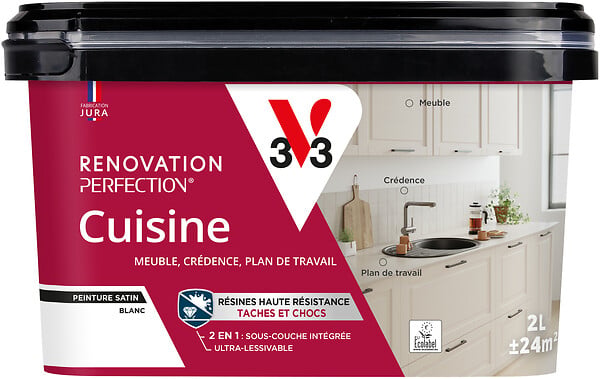 V33 PEINTURE - Peinture Rénovation Cuisine - Blanc - Satin - 2L - large