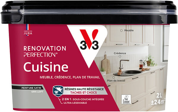 V33 PEINTURE - Peinture Rénovation Cuisine - Gris loft - Satin - 2L - large