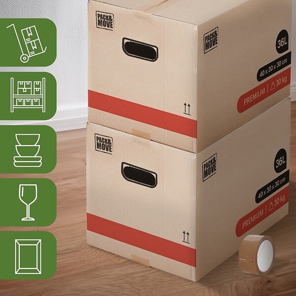 PACK AND MOVE - Pack and Move - Lot 10 Cartons Déménagement Livres Premium - 40 X 30 X 30 Cm - Extrême Résistance 30 KG - Poignées Renforcées - 1 Adhésif Offert - large