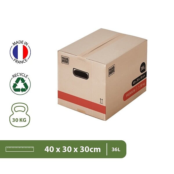 PACK AND MOVE - Pack and Move - Lot 30 Cartons Déménagement Livres Premium - 40 X 30 X 30 Cm - Extrême Résistance 30 KG - Poignées Renforcées - 2 Adhésifs Offerts - large