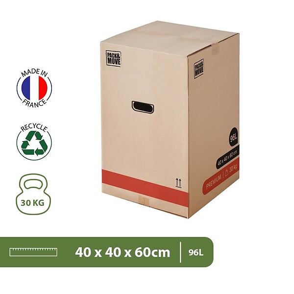PACK AND MOVE - Pack and Move - Lot 40 Cartons Déménagement Premium - 40 X 40 X 60 Cm - Résistance 30 KG - Double Épaisseur - Poignées Renforcées - 2 Adhésifs Offerts - large