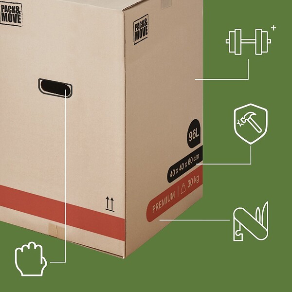 PACK AND MOVE - Pack and Move - Lot 40 Cartons Déménagement Premium - 40 X 40 X 60 Cm - Résistance 30 KG - Double Épaisseur - Poignées Renforcées - 2 Adhésifs Offerts - large