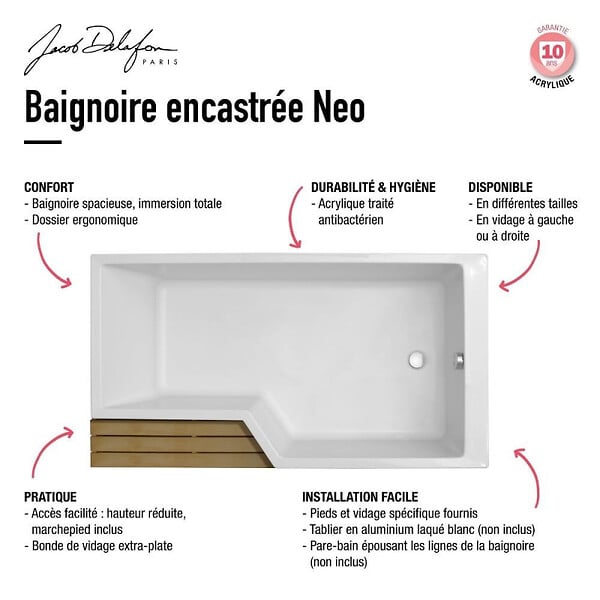 JACOB DELAFON - Pack baignoire bain douche 160 x 90  Neo version gauche + tablier + pare bain chromé - large