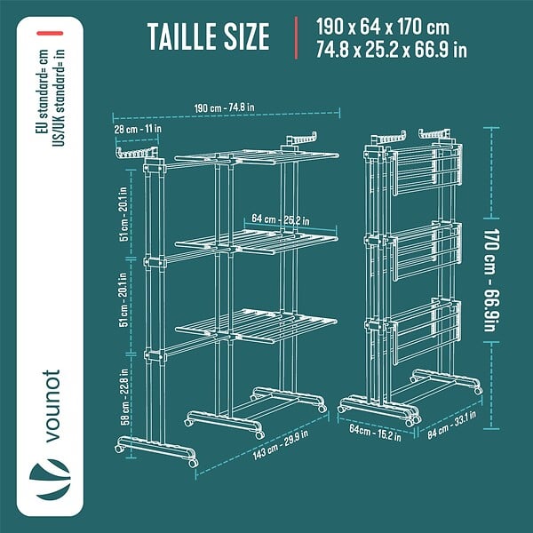 VOUNOT - Sechoir a linge etendoir extensible 4 Niveaux 190x64x170cm gris-blanc - large