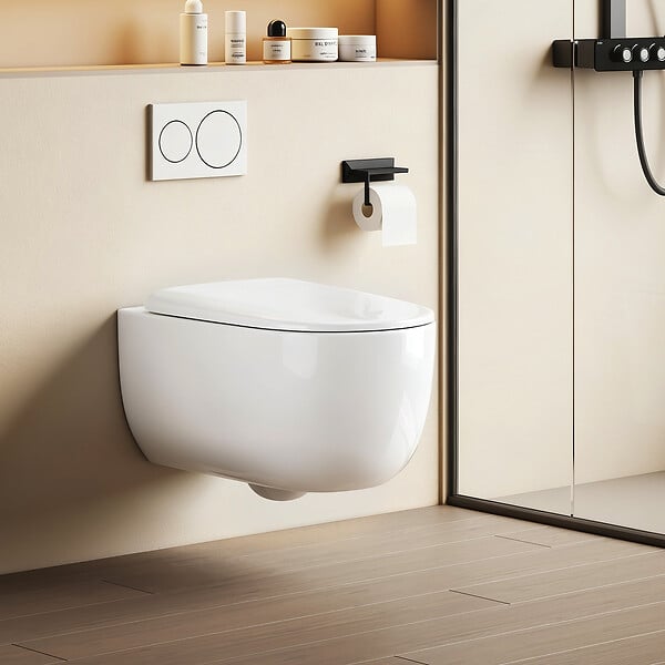EMKE - EMKE WC Suspendu Sans Bride– Double Chasse 3,5/5 L, Design en D, Abattant Soft-Close, Céramique Blanche Brillante - large