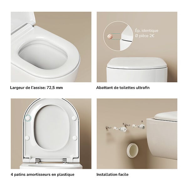 EMKE - EMKE WC Suspendu Sans Bride– Double Chasse 3,5/5 L, Design en D, Abattant Soft-Close, Céramique Blanche Brillante - large