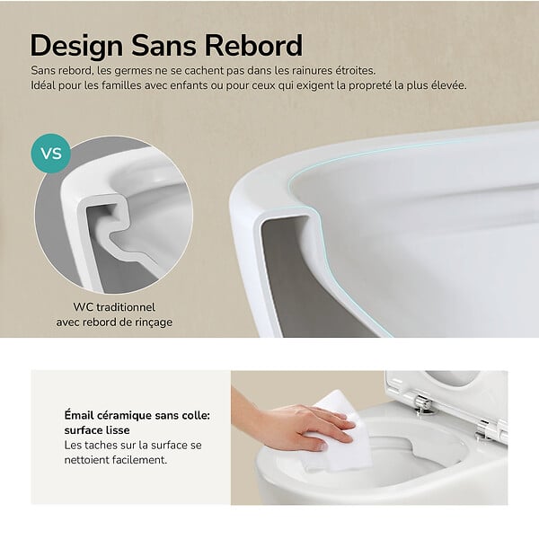 EMKE - EMKE WC Suspendu Design en D – 49 × 37 × 37 cm, Céramique Blanche Brillante, Abattant Soft-Close, Chasse Directe - large