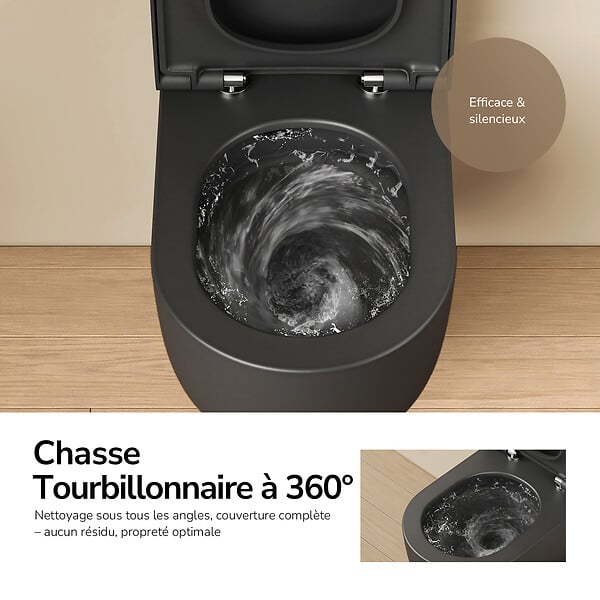EMKE - EMKE WC Suspendu Sans Bride– Double Chasse 3,5/5 L, Design en D, Abattant Soft-Close, Céramique Noir Mat - large