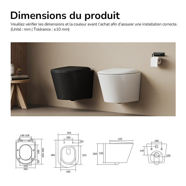EMKE - EMKE WC Suspendu Sans Bride – Double Chasse 3,5/5 L, Abattant Frein de Chute, Céramique Noir Mat - large