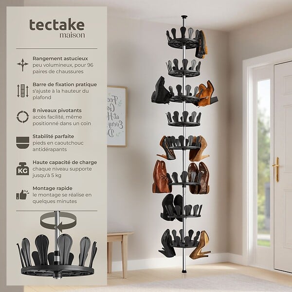 TECTAKE - Carrousel à chaussures 26,5x100-300cm avec tige télescopique max. 48 paires noir - large