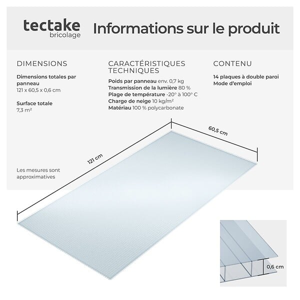 TECTAKE - Plaques doubles SHINY en polycarbonate découpables blanc transparent - large