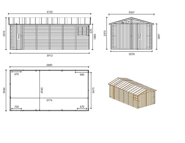 ALTANKA - Garage en bois - 18.19m2 - 3.05x5.91m - Ep. 18mm - couleur: naturel - GAR29 - large