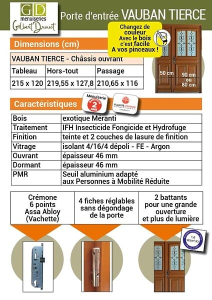 GD MENUISERIES - Porte d'entrée Bois Tiercée Vitrée Vauban H215 x L120 Côte Tableau p.Droit (Poignée, Barillet ref IN158RPL2 - IN303NEW) - large