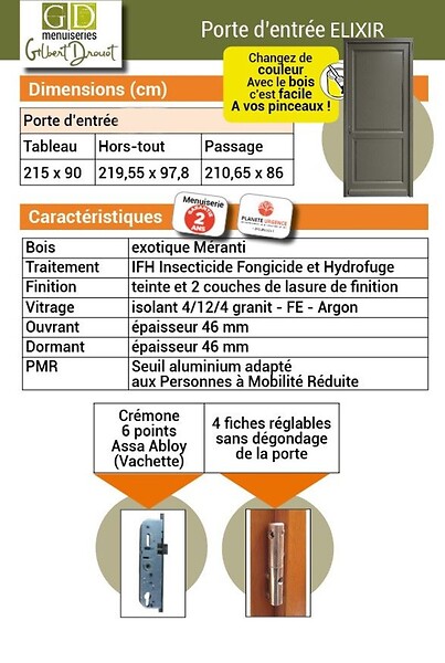 GD MENUISERIES - Porte d'entrée Bois Pleine Elixir, Vert Gris Olive, H215 x L90 cm Côte Tableau, p.Gauche (Poignée, Barillet ref010723NO) - large