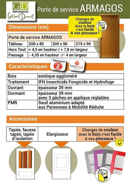 GD MENUISERIES - Porte De Service Bois pleine Armagos, H200 x L80 Côte Tableau, p.Gauche (Poignée, Barillet ref 01245F924) - large