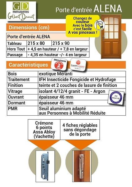 GD MENUISERIES - Porte d'entrée Bois Vitrée Alena, H215 x L80 cm Côte Tableau p.Gauche (Poignée, Barillet ref N158RPL -IN158RCI) - large
