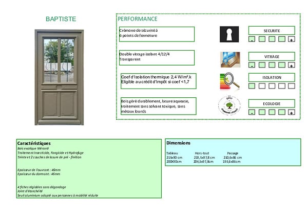 GD MENUISERIES - Porte d'entrée Bois Vitrée Baptiste Vert Gris Olive, H200 x L90 cm Côte Tableau p.Gauche - large