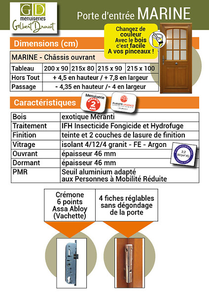 GD MENUISERIES - Porte d'entrée Bois Vitrée Marine, H215 x L80 cm Côte Tableau, p.Droit (Poignée, Barillet ref 010403RFP) - large