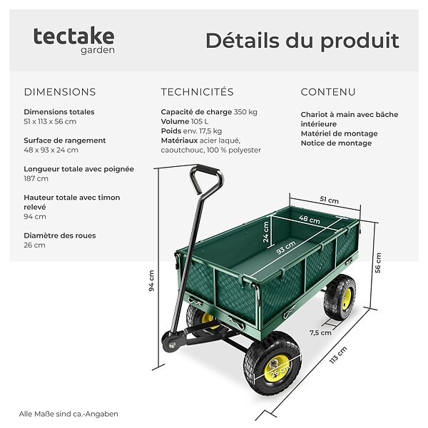 TECTAKE - Chariot de jardin 350 kg vert - large