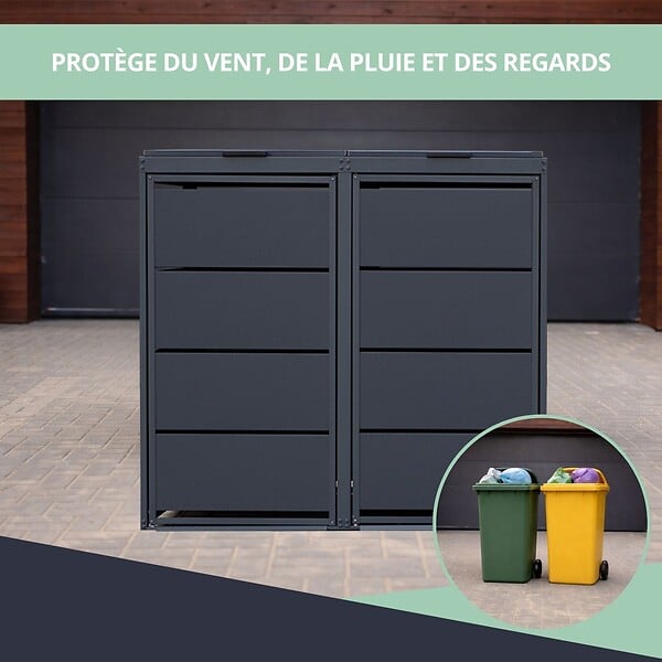 ATOLE - Cache poubelle extérieur double en acier galvanisé - Abri poubelle pour 2 conteneurs 240 Litres – Gris Anthracite RAL7016 - large