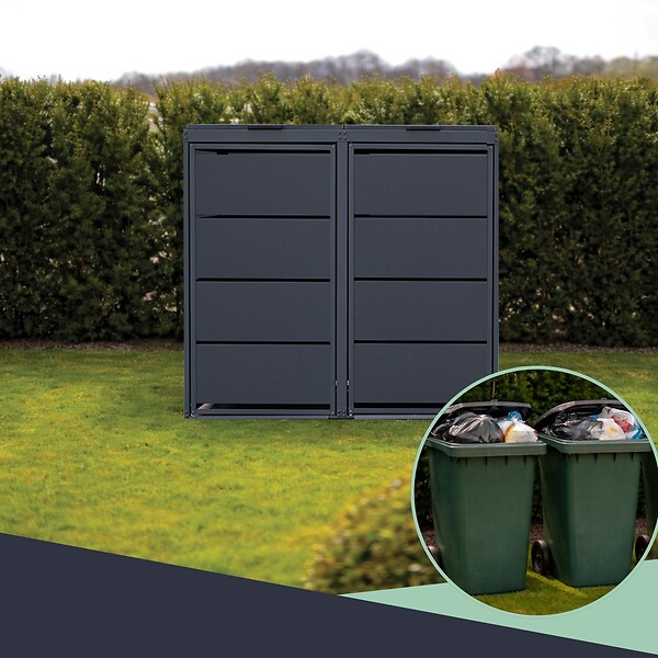 ATOLE - Cache poubelle extérieur double en acier galvanisé - Abri poubelle pour 2 conteneurs 240 Litres – Gris Anthracite RAL7016 - large