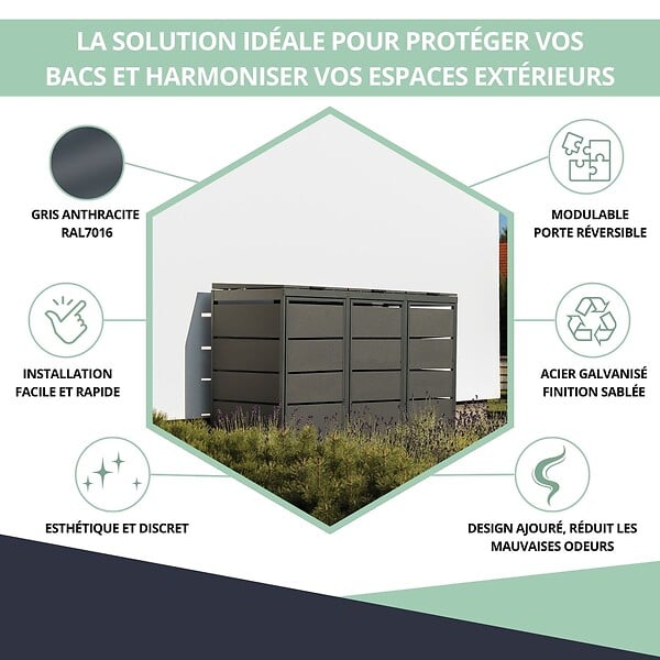 ATOLE - Cache poubelle extérieur triple en acier galvanisé - Abri poubelle pour 3 conteneurs 120 Litres - Anthracite RAL7016 - large