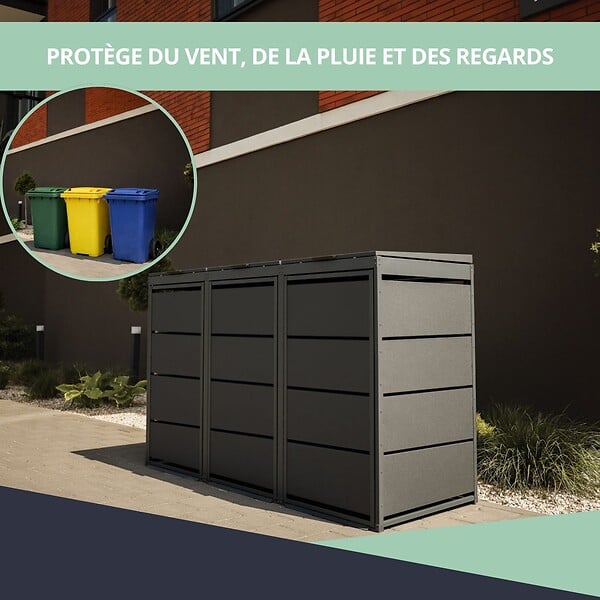 ATOLE - Cache poubelle extérieur triple en acier galvanisé - Abri poubelle pour 3 conteneurs 120 Litres - Anthracite RAL7016 - large